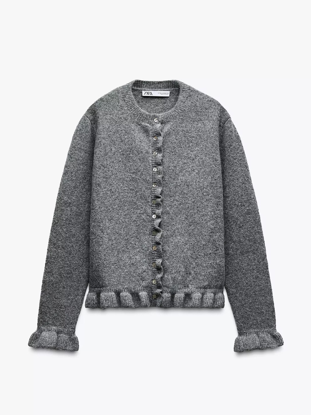 Zara Gray Ruffle-Trim Button Front Cardigan